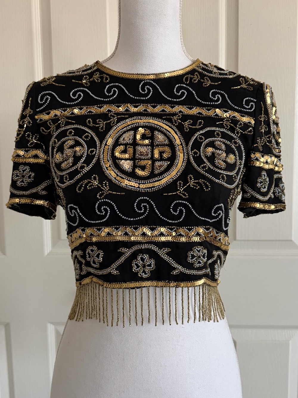 Kay Unger Vintage 100% Silk Black and Gold Sequin Beaded Crop Top